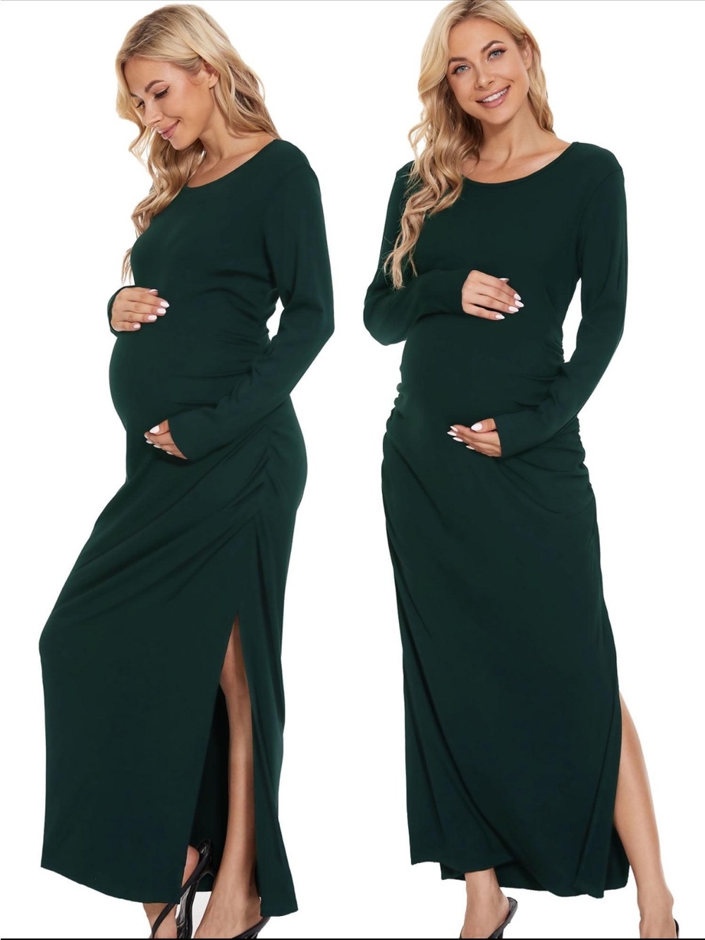 Smallshow Maternity Maxi Dress Large Deep Green Long Sleeve Ruched NWT